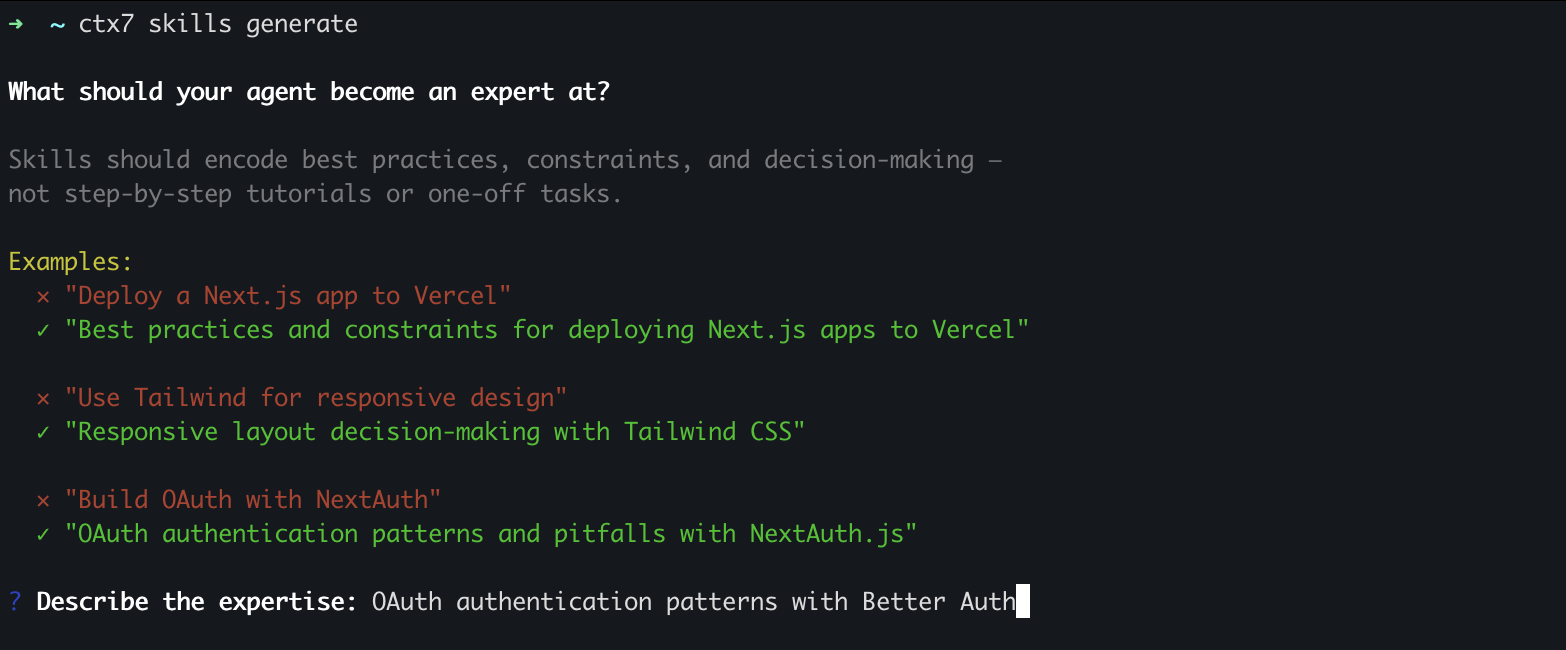 The wizard prompts you to describe what expertise your agent should have, with examples of good and bad descriptions