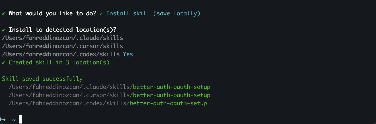 IDE selection showing the skill being installed to Claude Code, Cursor, and Codex