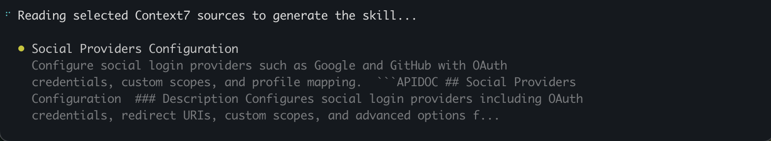 Real-time progress showing which documentation snippets are being read from Context7